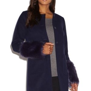 Faux Fur Sleeve Dark Navy Coat
